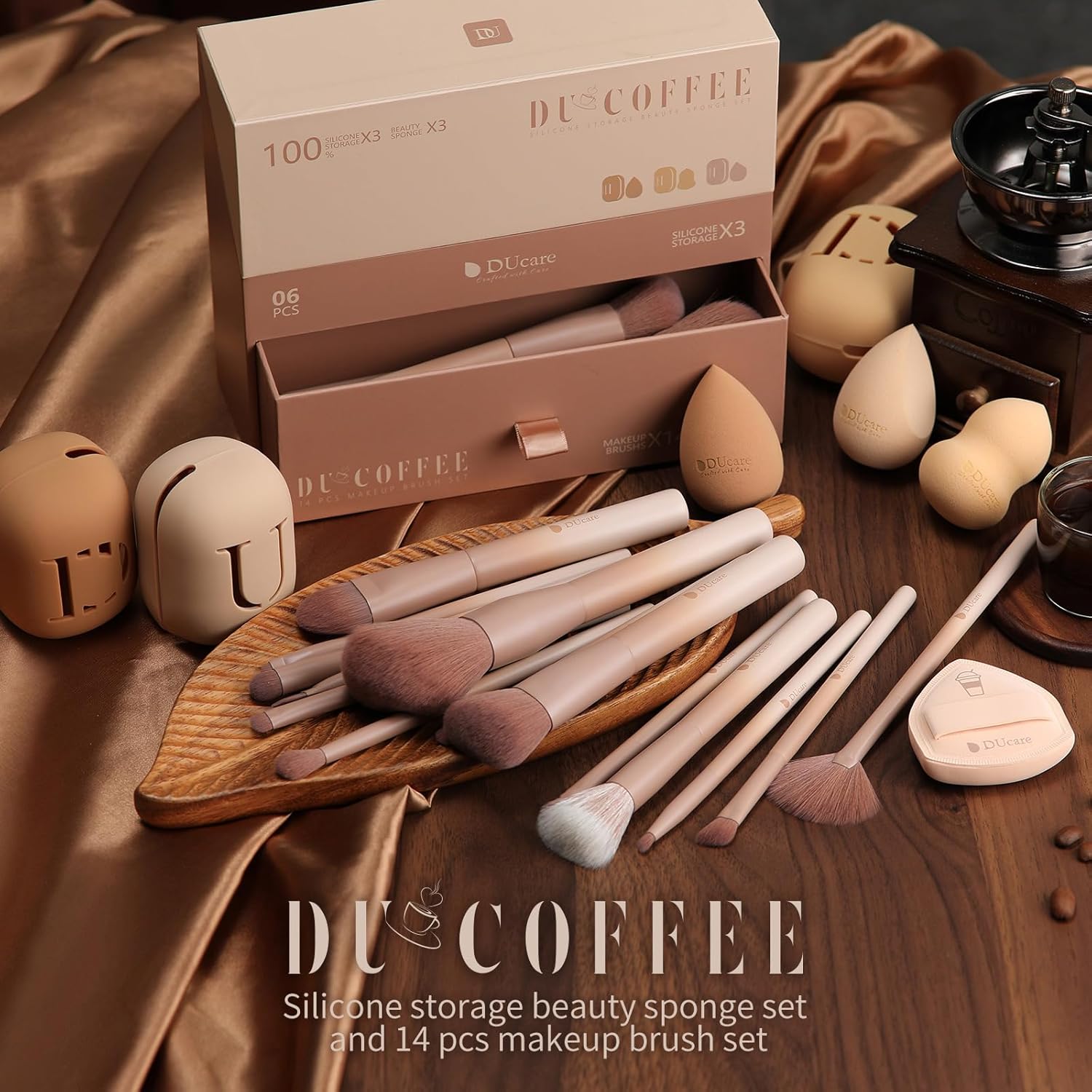 DUcare Makeup Brushes 14Pcs Coffee Series Makeup Brush set with Makeup Sponges Valentines Day Christmas Gifts Foundation Blending Face Powder Blush Eye Shadows Brushes - Image 2