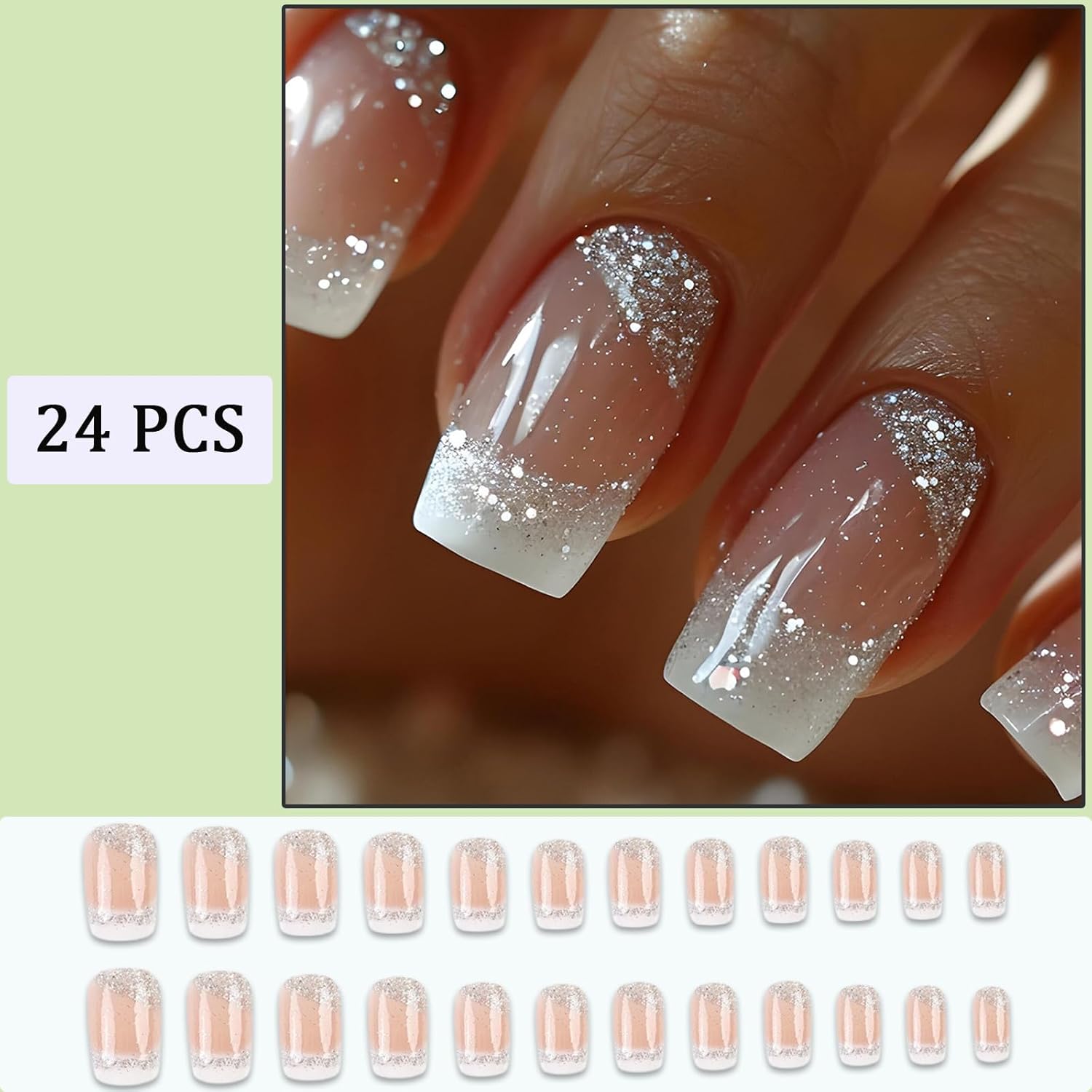 24 Piece Medium White French Ombre Glitter Square Press On Nails Kit - Image 2