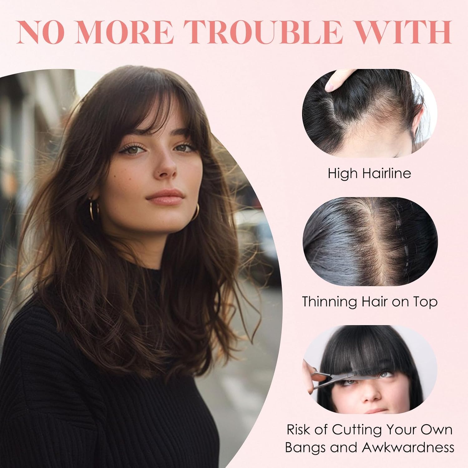 Hairro Human Hair Topper with Wispy Bangs, Clips on 360° 3D Cover Real Hairpieces Lightweight, 2.25"x6" Base for Women with High Hairline/Thinning Hair, 10 Inch Natural Black - Image 7