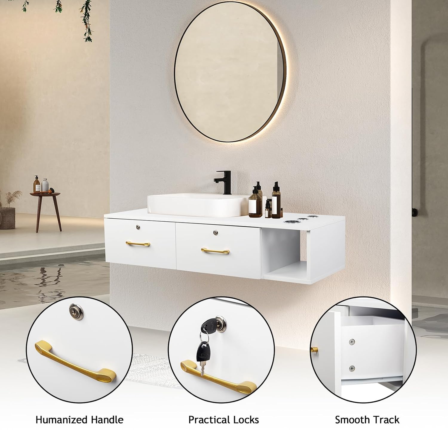 Wall Mount Styling Station,Hair Barber Salon Station,Beauty Spa Furniture Salon Equipment with 2 Drawers & 3 Hair Dryer Holes, Floating Makeup Vanity for Beauty Salon Barber Shop,Home & Bathroom,White - Image 7
