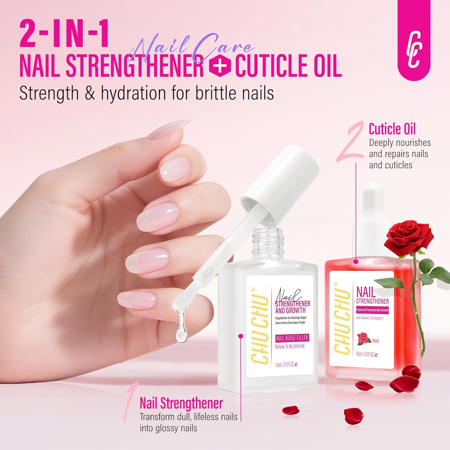 2-in-1 Nail Strengthener and Rose Cuticle Oil Set Clear Polish Growth and Repair - Image 2