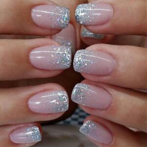 Powder Press on Nails short square Fake Nails with Glitter Powder Design Silver White French Tip Glue on Nails Full Cover False Nails Acrylic Artificial Nails for Women and Girls Decoration 24pcs