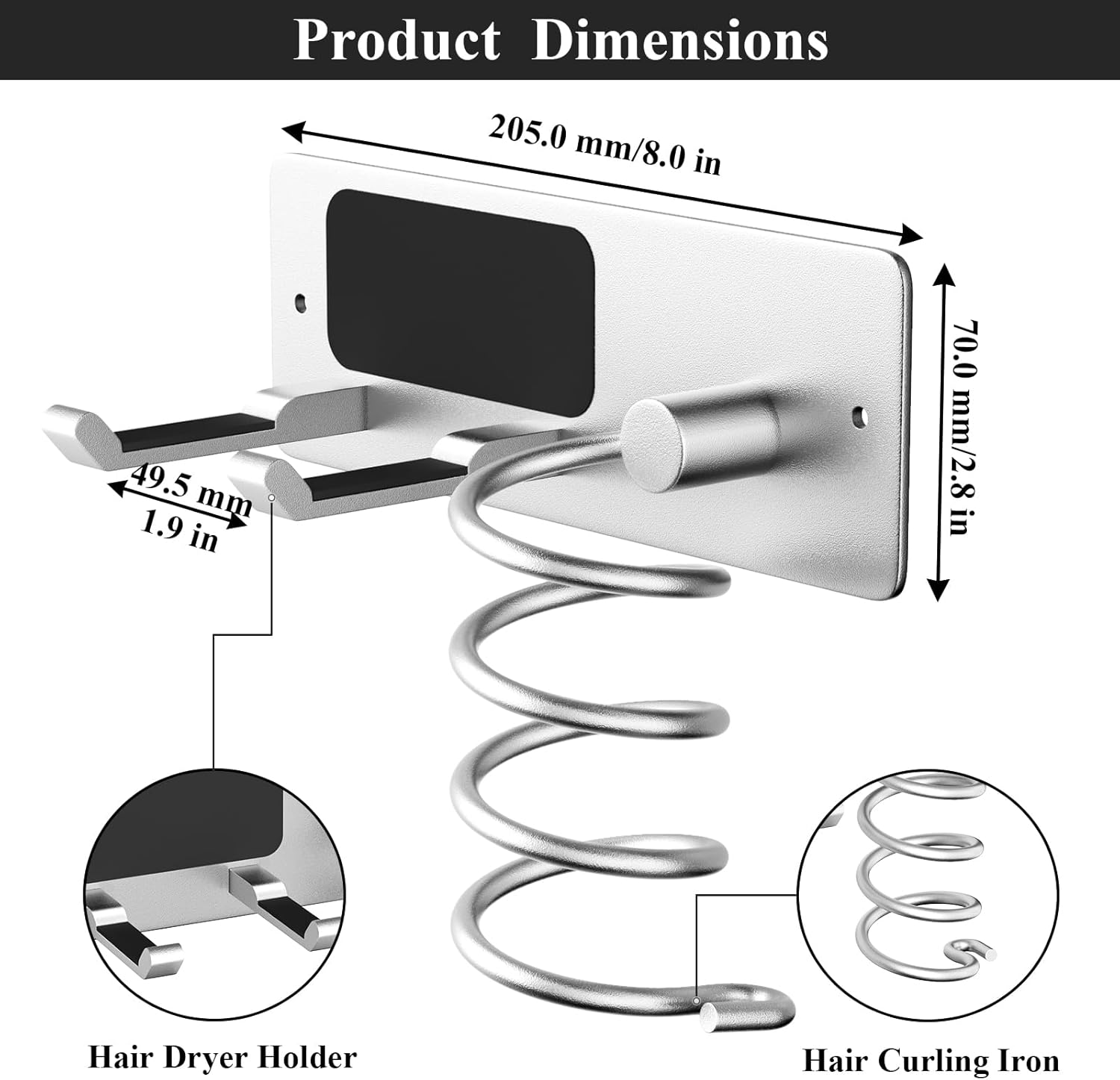 Tindbea Hair Dryer Holder + Curling Iron Holder,Blow Dryer Holder Wall Mount, Bathroom Hair Tool Organizer Rack for Universal Dryer Brushed Nickel - Image 3