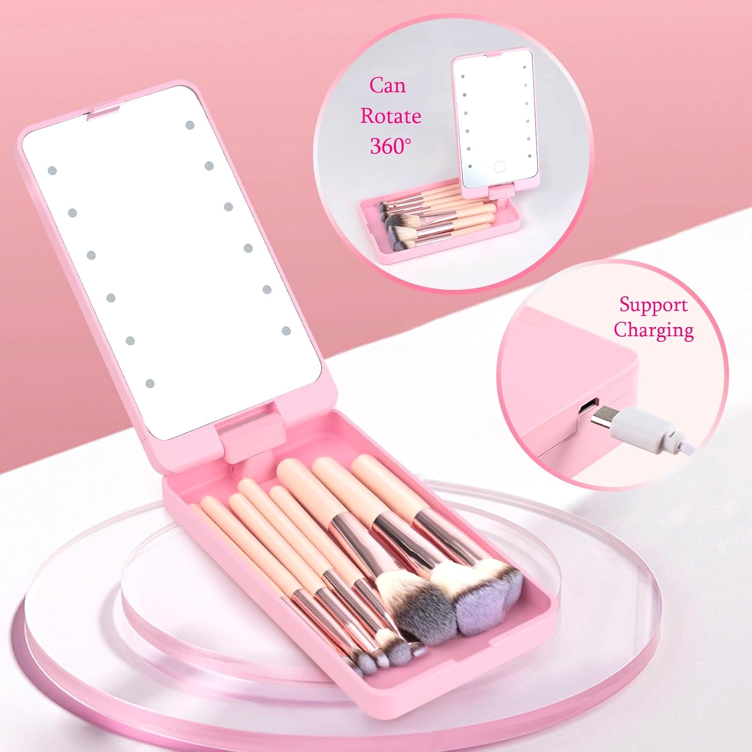 Mini 8-Piece Travel Makeup Brush Set with LED Light Mirror, Personalized Monogrammed Brush Teen Girls, Stylish and Compact Travel Essentials(PINK-M) - Image 4