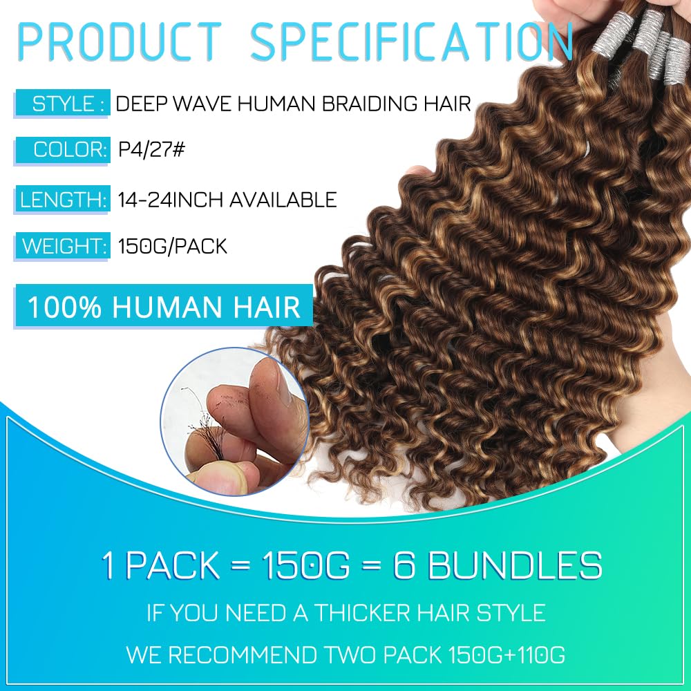 Human Braiding Hair 18 Inch 6 Bundles Human Hair Braiding Hair No Weft Deep Wave Bulk Human Hair for Braiding Hair Extensions for Boho Braids Wet and Wavy 150g P4/27# - Image 2