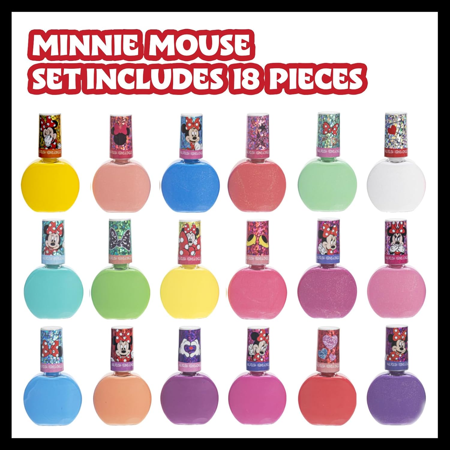 Townley Girl Disney Minnie Mouse 18 Piece Water-Based Nail Polish Set, Quick Dry and Peels-Off, Nail Paint Set for Girls, Perfect for Parties, Sleepovers and Makeovers, Ages 3 - Image 2