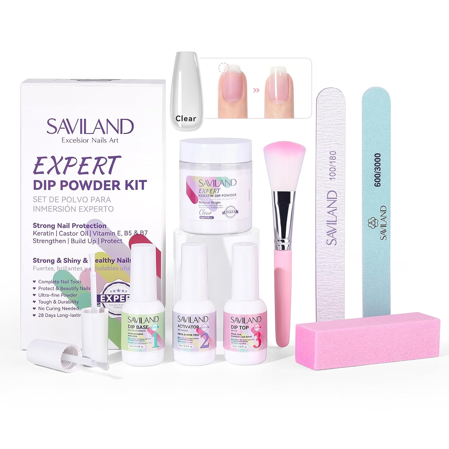 SAVILAND Clear Dip Powder Nail Kit Starter: 60g 2.1oz Dip Powder for Nails with Dipping Powder Liquid Set Dip Base Activator and Top Coat Professional Dip Nail Kit Repair for French Manicure Nail Art - Image 8
