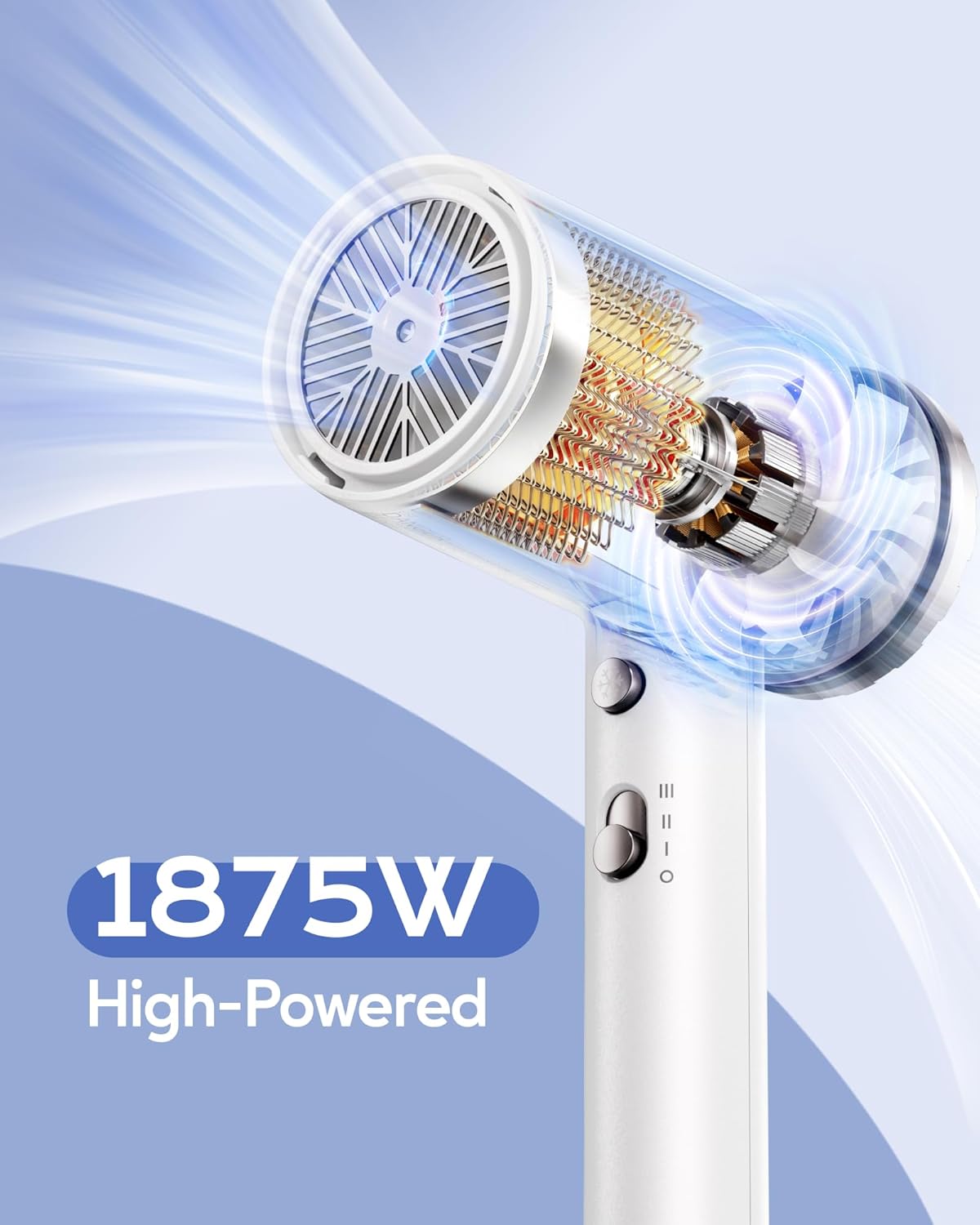 Wavytalk Hair Dryer with Diffuser 1875W Ionic Blow Dryer for Fast Drying with Concentrator Lightweight White. - Image 2
