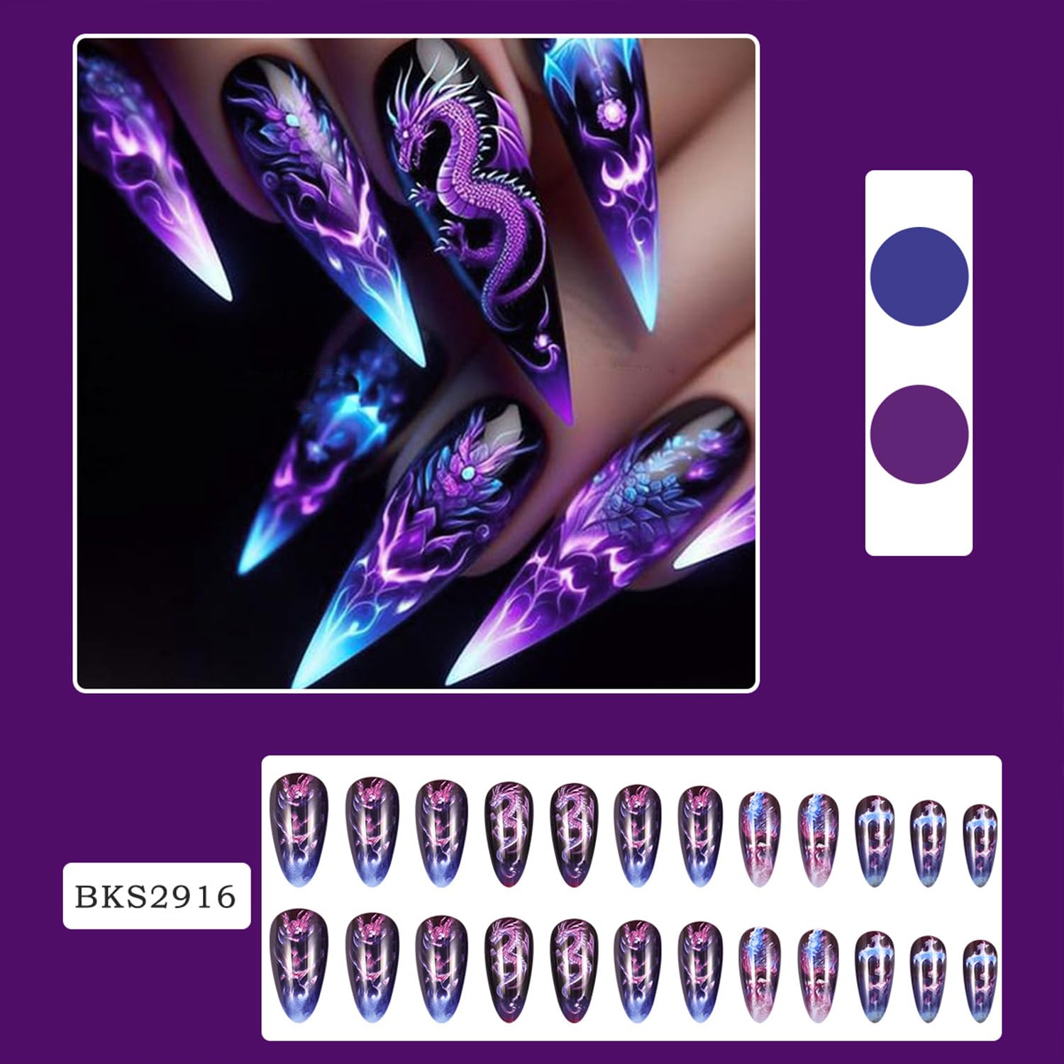Chinese Dragon Press press on Nails Medium Almond Fake Nails With Dragon Pattern Designs Purple False Nails Full Cover Stick on Nails Acrylic Artificial Nails for Women Glue on Nails 24 Pcs - Image 2