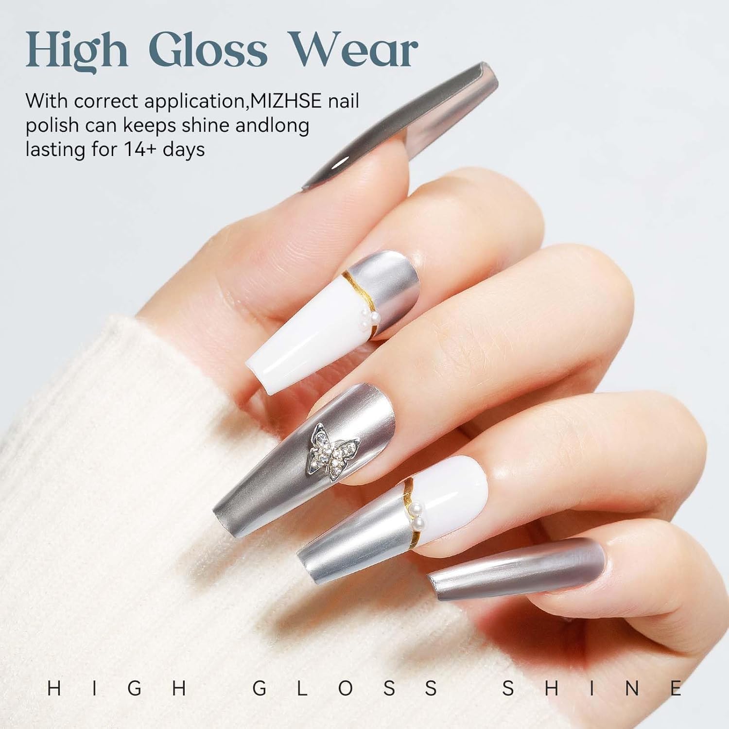 MIZHSE Silver Mirror Nail Polish, Quick Dry Metallic Nail Polish, Air Dry Fast Chrome Nail Lacquer Bright Color Oil-based Nail Art Manicure Home DIY - Image 3