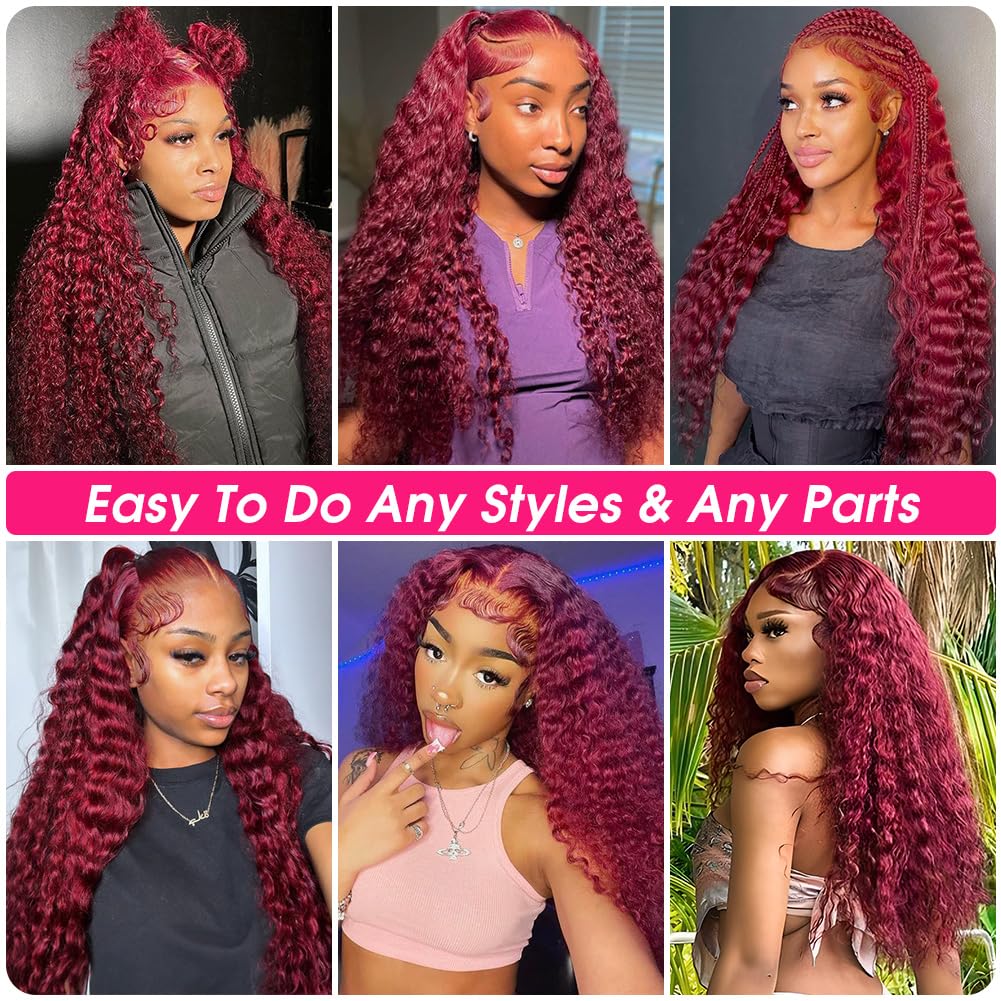 Hedy 28 Inch 99J Burgundy Deep Wave Lace Front Wigs Human Hair Pre Plucked with Baby Hair Glueless 13x6 HD Transparent Brazilian Human Hair Full Lace Frontal Wigs for Women Wine Red Color 180% Density - Image 6