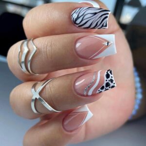 Press on Nails French 24Pcs Glossy Full Cover Medium Artificial Square False Nails with Cow Print Designs Glue Stick on Fingernails with Charm for Women Coffin Acrylic Fake Nails Sets