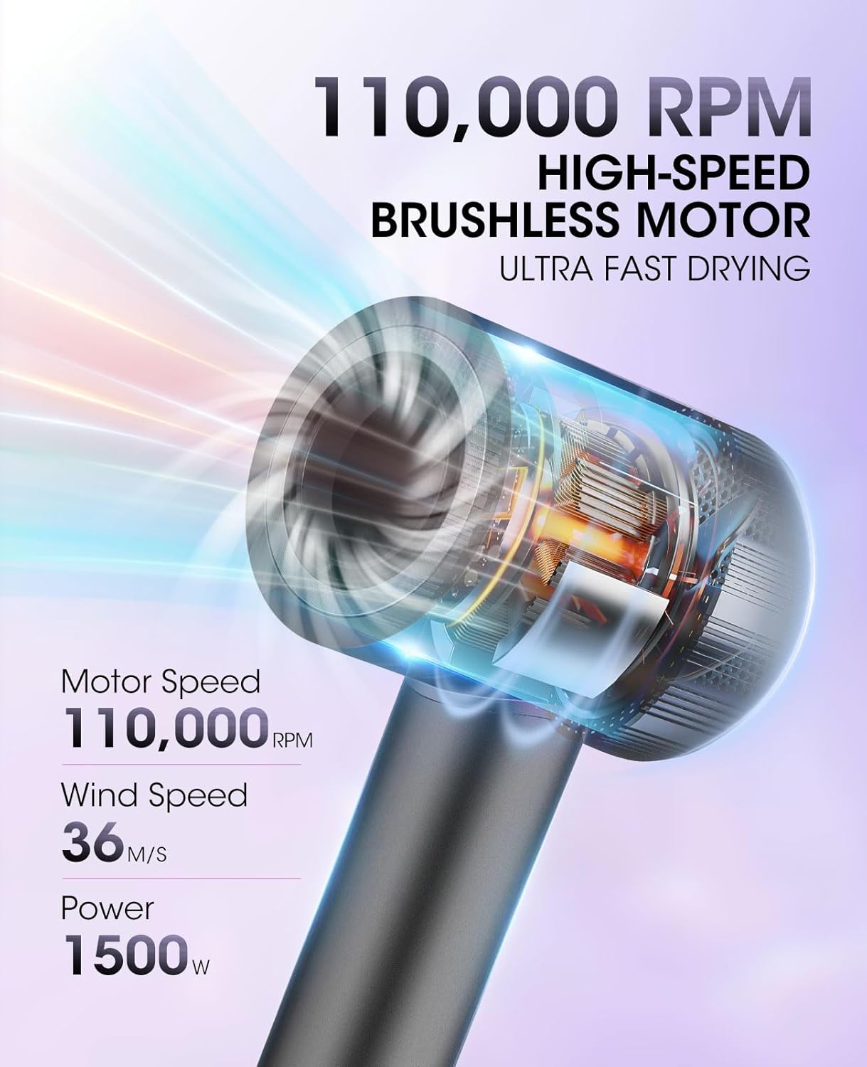 Professional Ionic Hair Dryer - 110,000RPM High-Speed,Lightweight,1500W Powerful Blow Dryer with Cool Shot Button,Dual Voltage,Concentrator Nozzle & Smart Temperature Control for Fast Drying - Image 2