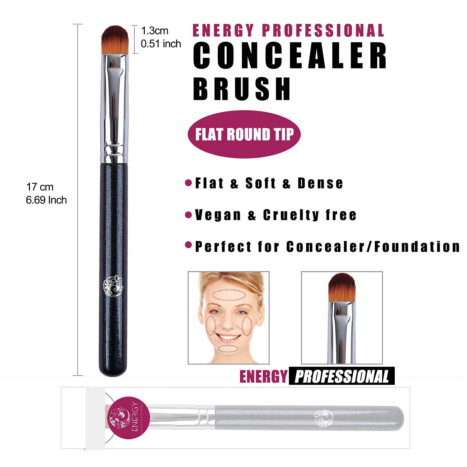 ENERGY Concealer Brush Under Eye Flat Makeup Brush for Eyebrows Foundation Concealer Blending with Liquid Cream Cosmetics Flawless Full Coverage Vegan Face Brush Blue - Image 2