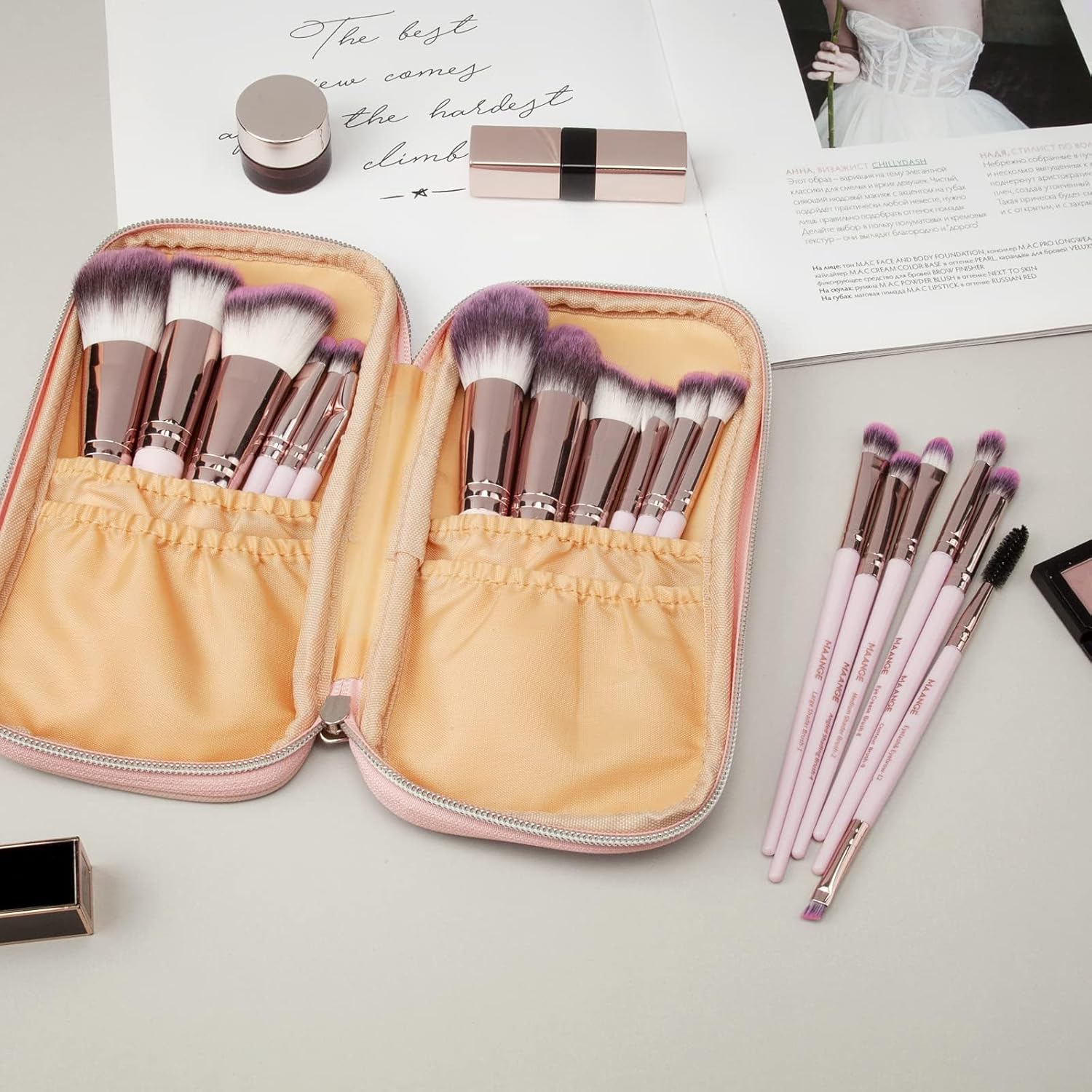 Makeup Brushes with Case, MAANGE 18 Pcs Professional Makeup Brush Set Premium Synthetic Face Kabuki Brush Kit Foundation Blush Powder Eyeshadow Brushes Set Christmas Gift (Pinkgold) - Image 6