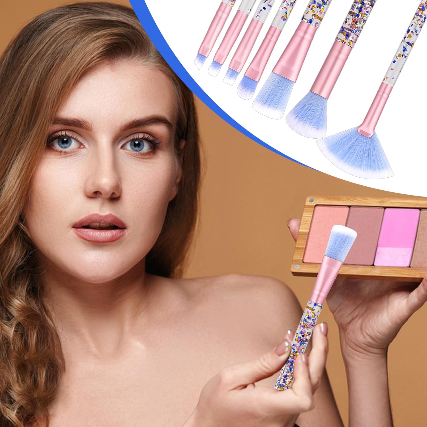 7 PCS Makeup Brushes Set,Crystal Sparkles Make Up Brush Professional Blending Brush with Sequins Handle Cute Blush Foundation Highlight Concealers Eyebrow Eye Shadow Lip Fan Beauty Brush Kit for Girls - Image 6