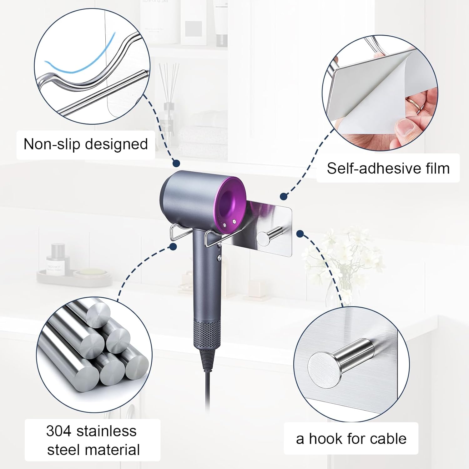 Hair Dryer Holder Wall Mounted Adhesive Blow Dryer Holder,SUS 304 Stainless Steel Hairdryer Holder Hanger Storage, Hair-dryer Rack Stick on Vanity Cabinet for Bathroom ,Hair Tool Organizer with Hook - Image 6