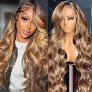 Honey Blonde Ombre Lace Front Wig Human Hair 22 Inch Highlight 13X4 Body Wave Lace Front Wigs Human Hair Pre Plucked with Baby Hair 180% Density 4/27 Colored Frontal Wigs Human Hair for Women