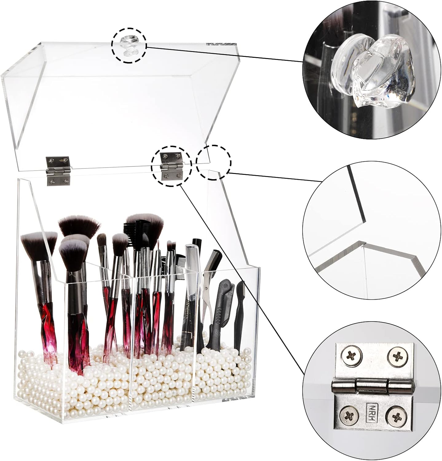 Okllen Makeup Brush Holder with Dustproof Lid, White Pearls, Acrylic Clear Makeup Brush Organizer with 3 Compartment, Large Cosmetic Brush Storage Box Case for Vanity, Bathroom, Bedroom - Image 3