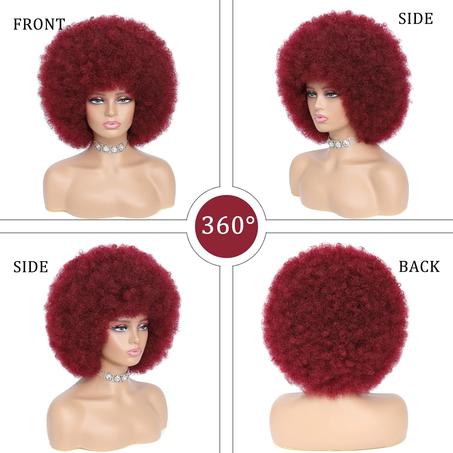 Afro Wig - Soft 70s Afro Wig For Women Burgundy Afro Kinky Curly Hair Wigs With Bangs Natural Dark Red Short Afro Curly Wig For Men Bouncy Afro Puff Wig Synthetic Hair Afro Wig For Daily Party Use - Image 2