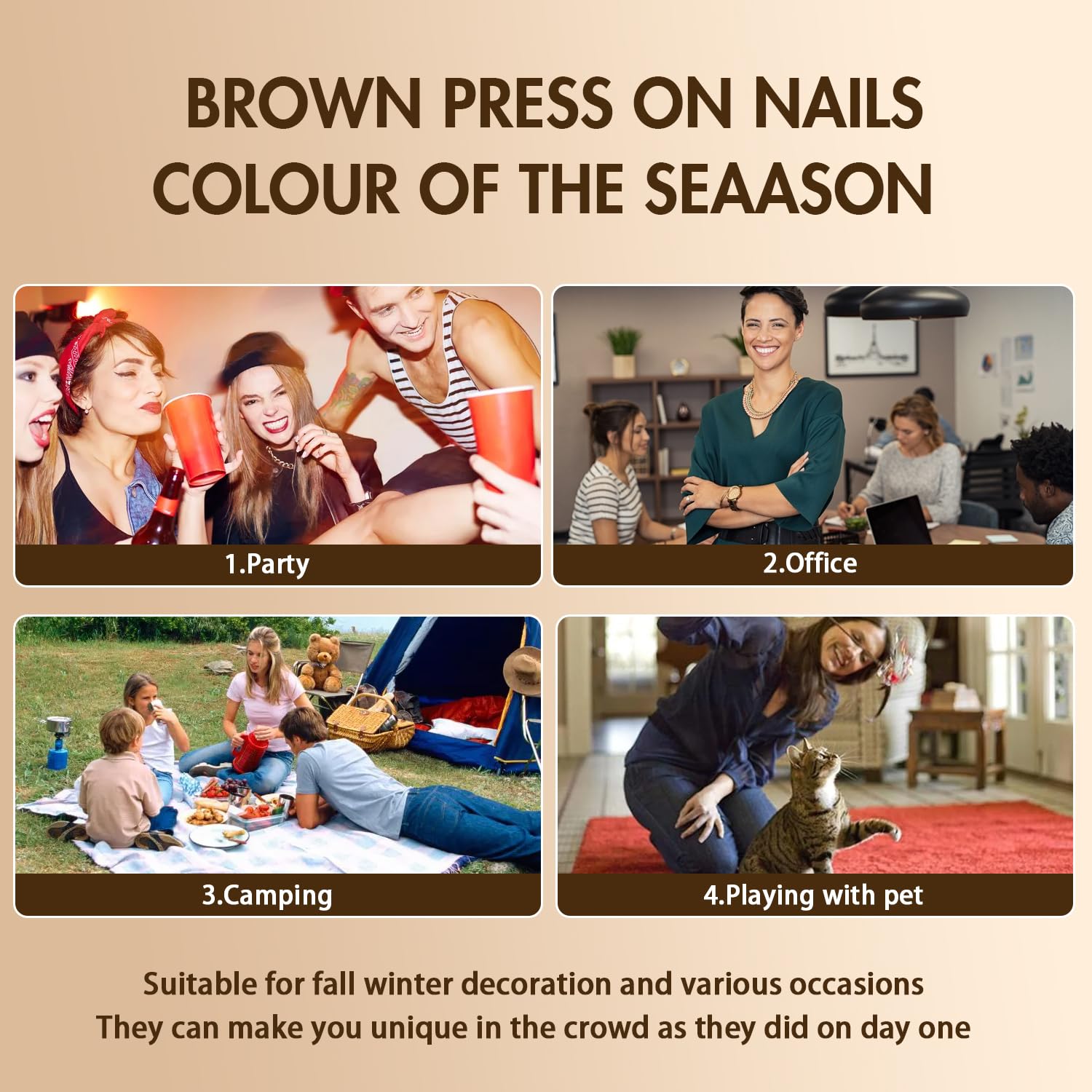 KQueenest Dark Brown Fall Medium Almond Matte Stiletto Press on Nails 24 Pcs - Image 5