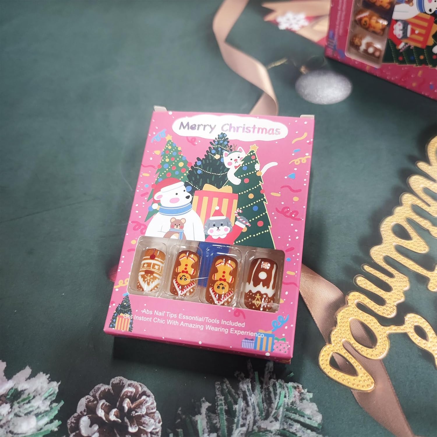 Cartoon Christmas Gingerbread Press on Nails Snowflake Fake Nails 24Pcs Medium Square Glossy Brown Room Acrylic False Nails Xmas Snowing Gel Glue on Nails Cherry Stick on Nails for New Years Gift - Image 5