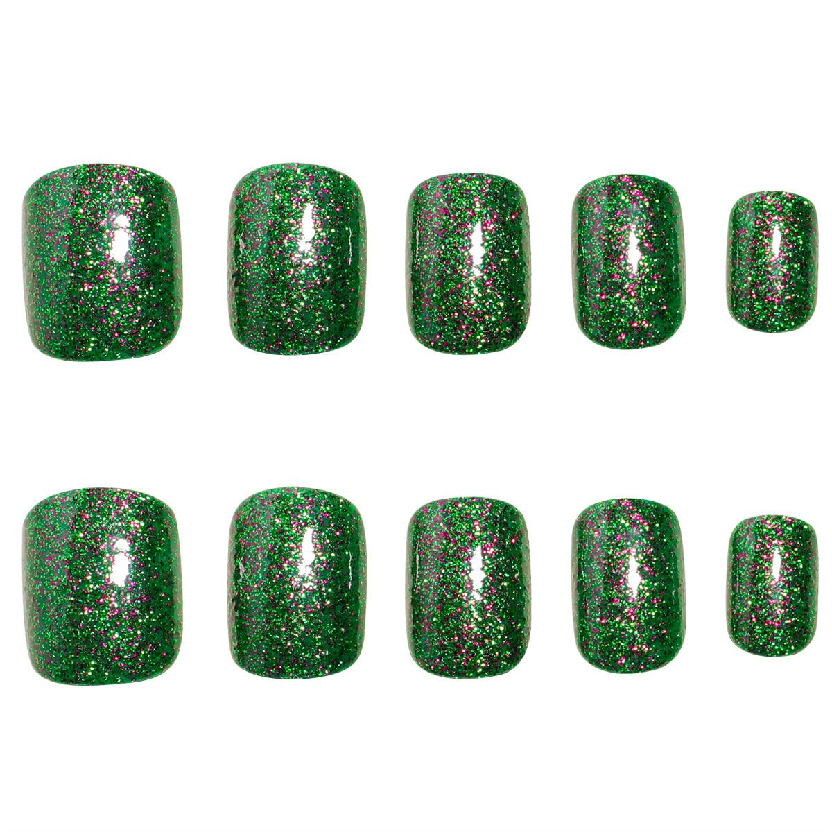 Green Glitter Press on Nails Short Square Fake Nails Christmas Glitter Acrylic Nails Artificial Glue on Nails Squoval False Nails Xmas Stick on Nails for Women Nails Decoration 24Pcs - Image 4
