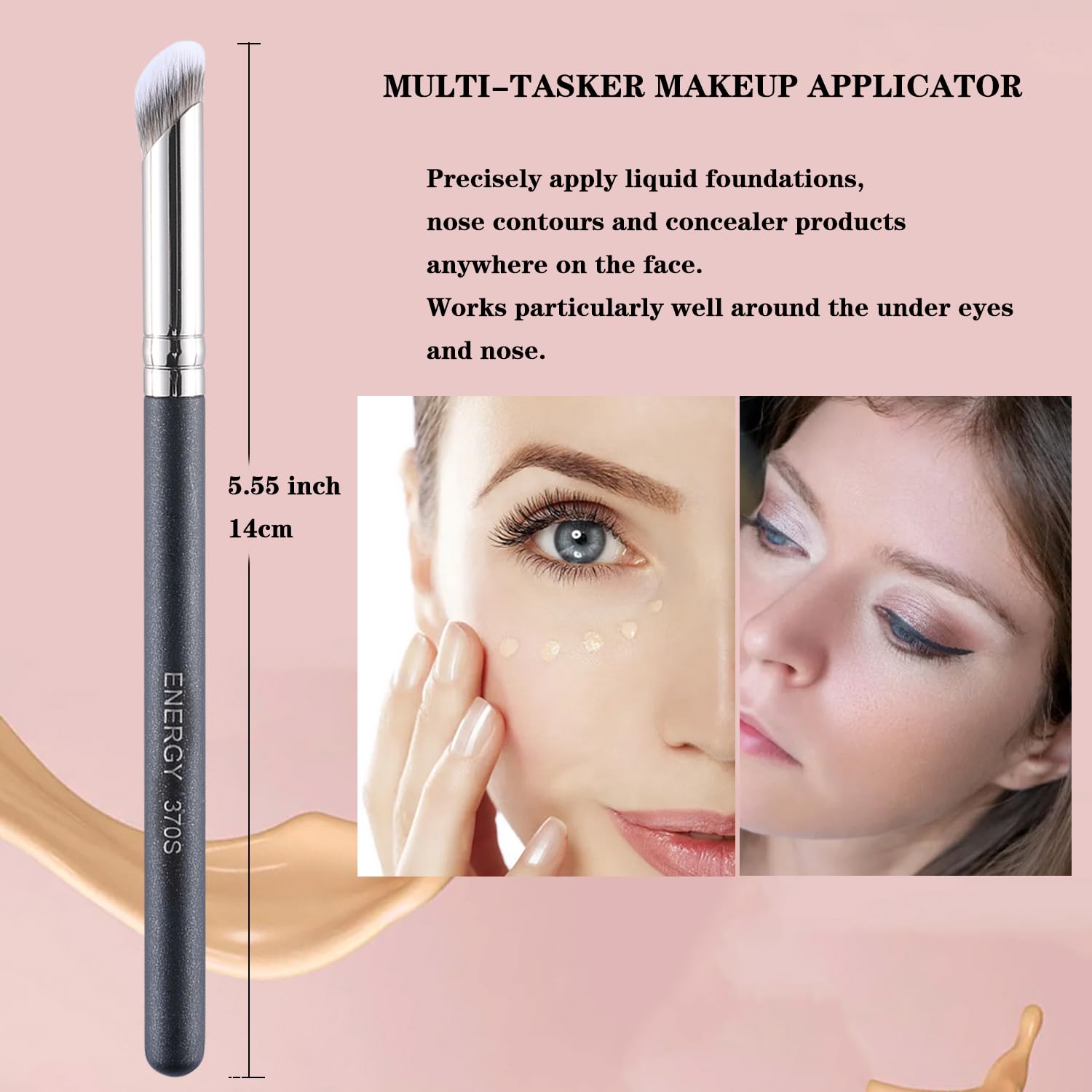 ENERGY Angled Flat Concealer Brush Under Eye Concealer Nose Contour Brush for Bronzer Liquid Foundation Cream Cosmetic Press Powder Concealer Palette Blending Buffing Stippling Brush Small 370S - Image 2