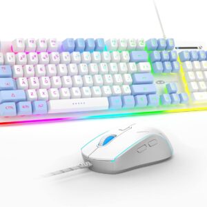 MageGee GT838 Gaming Keyboard and Mouse Combo, 104 Keys RGB Backlit Quiet Wired Keyboards for Laptop PC MAC, with Number Pad, Metal Panel, Anti-Ghosting, White Blue