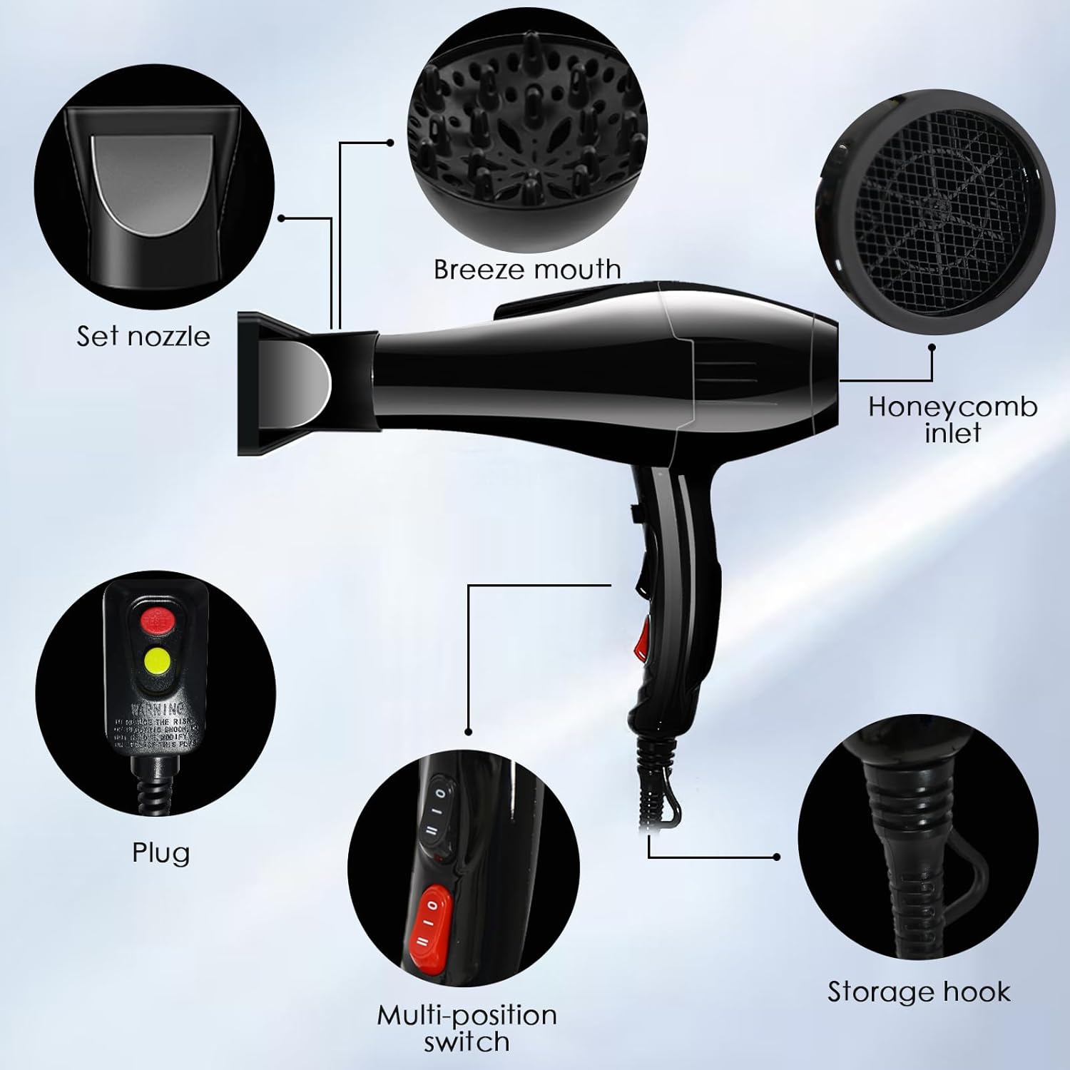 Professional Hair Dryer Blow Dryer Negative Ions 3500W Powerful Fast Drying Low Noise Long Cord Quick Dryer with Nozzle and Diffuser Hair Blow Dryer with 2 Speed and 3 Heat Settings - Image 6