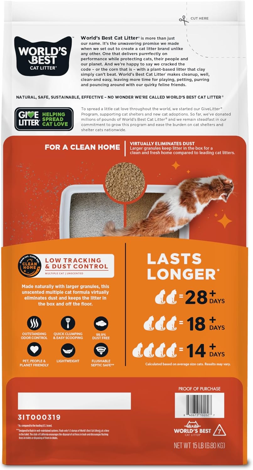 WORLD'S BEST CAT LITTER Low Tracking & Dust Control Multiple Cat Unscented 15-Pounds - Natural Ingredients, Quick Clumping, Flushable & Made in USA - Long-Lasting Odor Control & Easy Scooping - Image 3