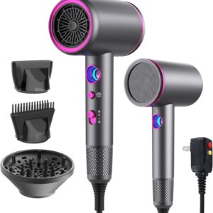 Professional Hair Dryer,1875 Watt High-Speed Ionic Blow Dryer with Diffuser/Concentrator/Comb Nozzle,LED Temp Display,Intelligent Temp Control,Low Noise for Home Salon Travel (Silvery)