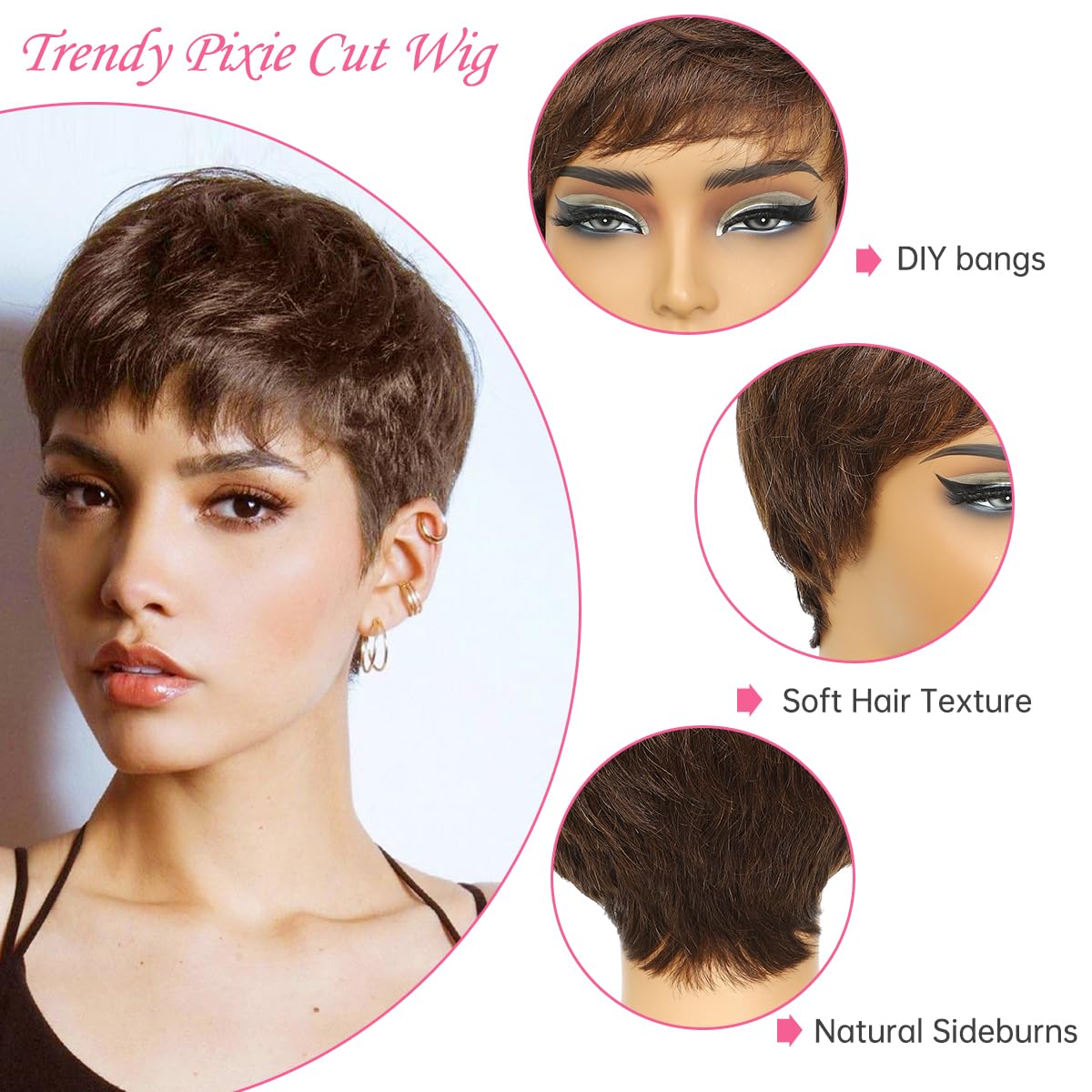 Pixie Cut Wig Human Hair Chocolate Brown Short Human Hair Wigs for Women Short Straight Hair Wigs with Bangs for Black Women Full Machine Made Wigs Brown Short Hair Glueless Wigs Human Hair (4#) - Image 6
