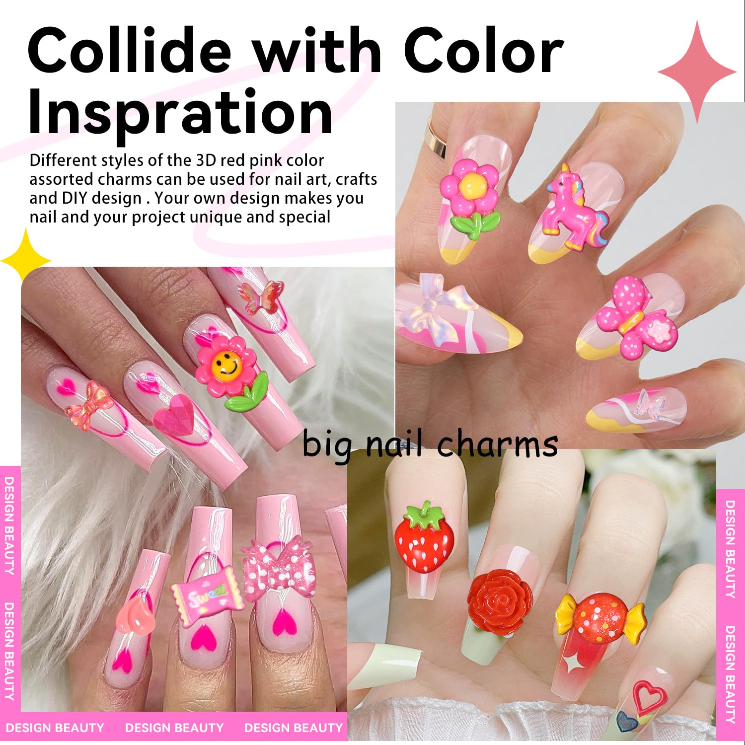 300 Pcs 3D Assorted Flower Candy Lollipop Junk Nail Charms, Acrylic Cute Nail Candy Charms, Flower Bow Star Heart Junk Case Candy Charms for Nail Art DIY Crafts Accessories(S5-Red Charms) - Image 6
