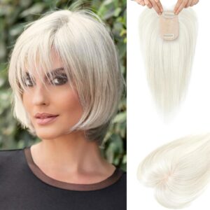 Flufymooz Real Human Hair Toppers for women, 10 Inch Clip in Bangs 100% Human Hair Toppers for Thinning Hairpiece, Cover Hairpiece with 150% Density Silk Base-Silver White