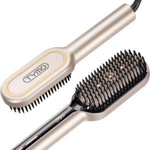 TYMO Hair Straightener Brush - Upgraded Ionic Plus Straightening Brush with Dense Bristles, 16 Temps, Dual Voltage | Ceramic Hot Comb for Women | Flat Iron for Thick Curly Hair, Gold