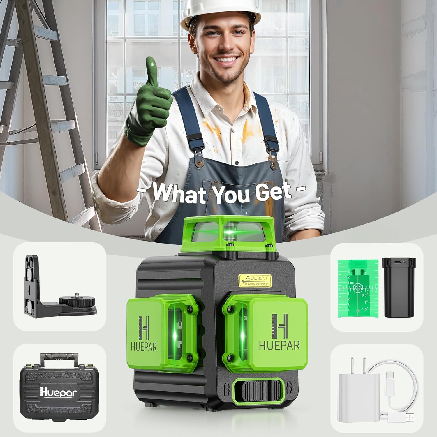 Huepar Laser Level 360 Self Leveling, 3 x 360° High Brightness Cross Line Laser for Construction and Picture Hanging, 12 Green Laser Level Tool with 5200 mAh Rechargeable Battery & Hard Carry Case - Image 9
