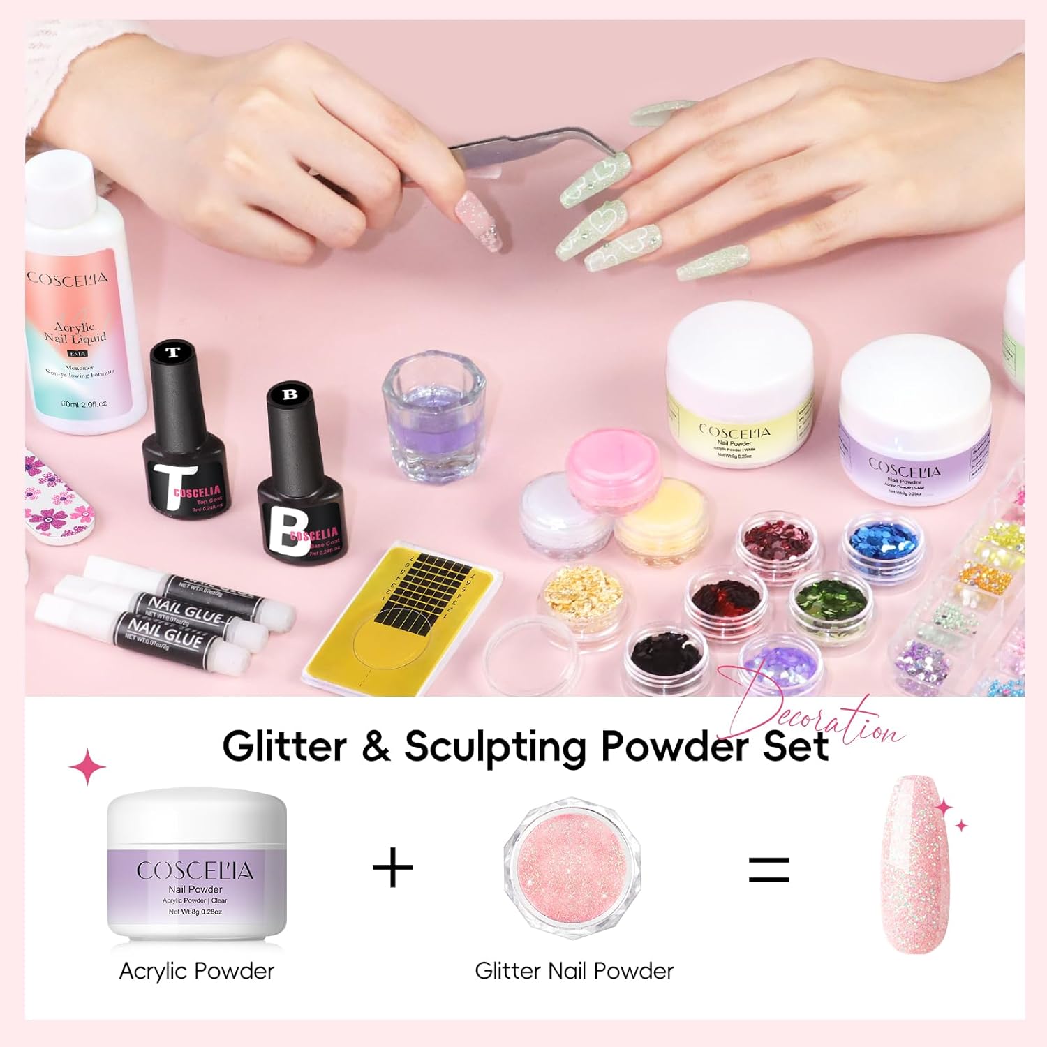COSCELIA Acrylic Nail Kit with Everything, Pink White Nude Clear Acrylic Powder with Drill U V Light Sequin Glitter Decoration Powders Base Top Coat Nails Kit for Beginners Home Nail DIY - Image 6