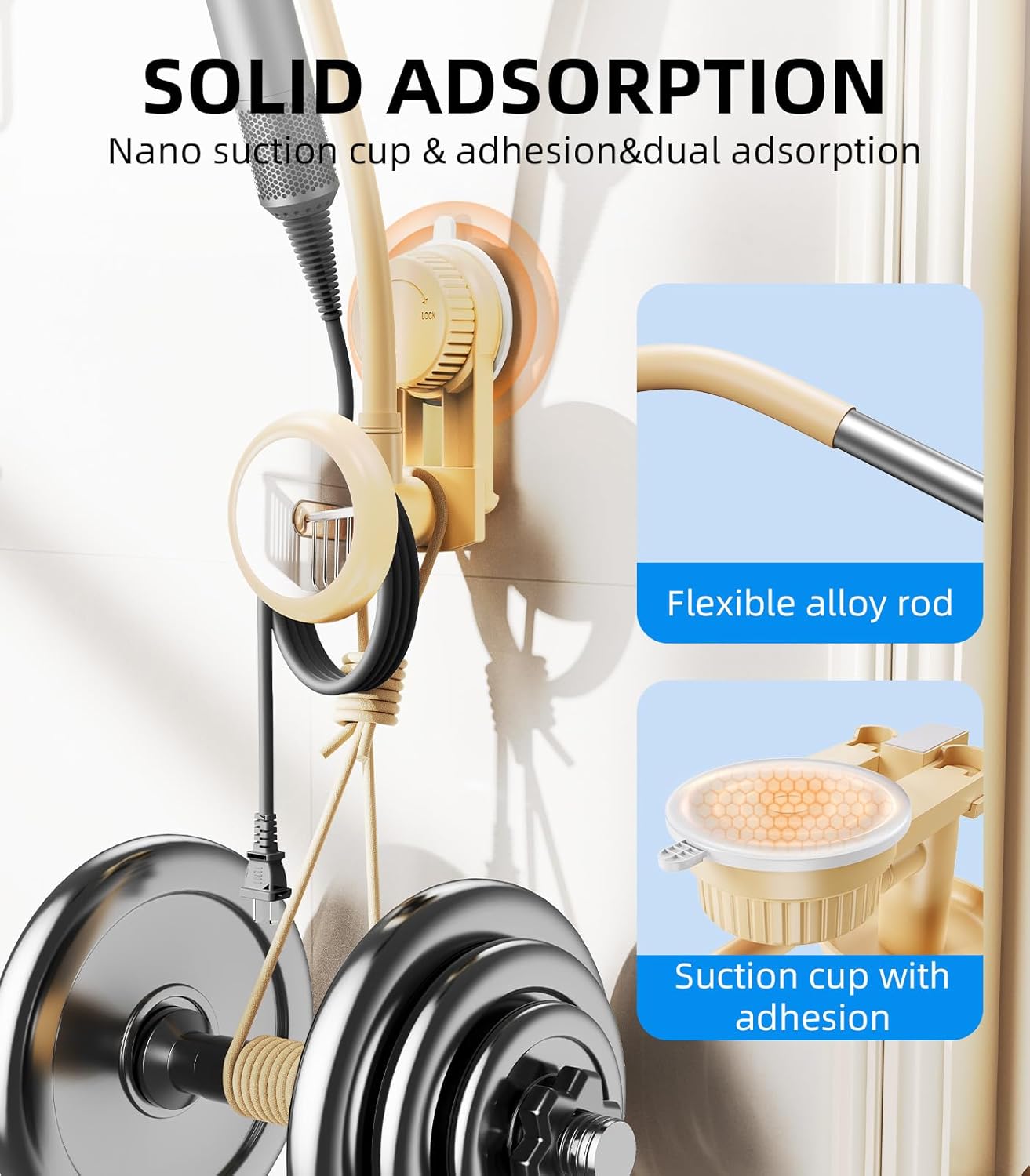 Hands-Free Hair Dryer Holder Wall Mounted with 360° Adjustable Hose, Suction Cup Installation, Built-in Mirror, and Cord Organizer for Blow Dryer, Curling Iron, No Drilling Required - Image 5