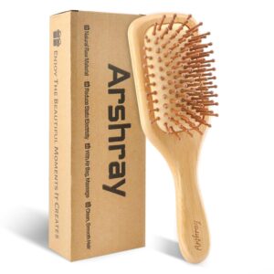 Wooden Bamboo Hair Brush with Wooden Handle and Bamboo Bristles,Reduces Static,Ideal for Dry,Curly,Thick,Thin and Straight Hair