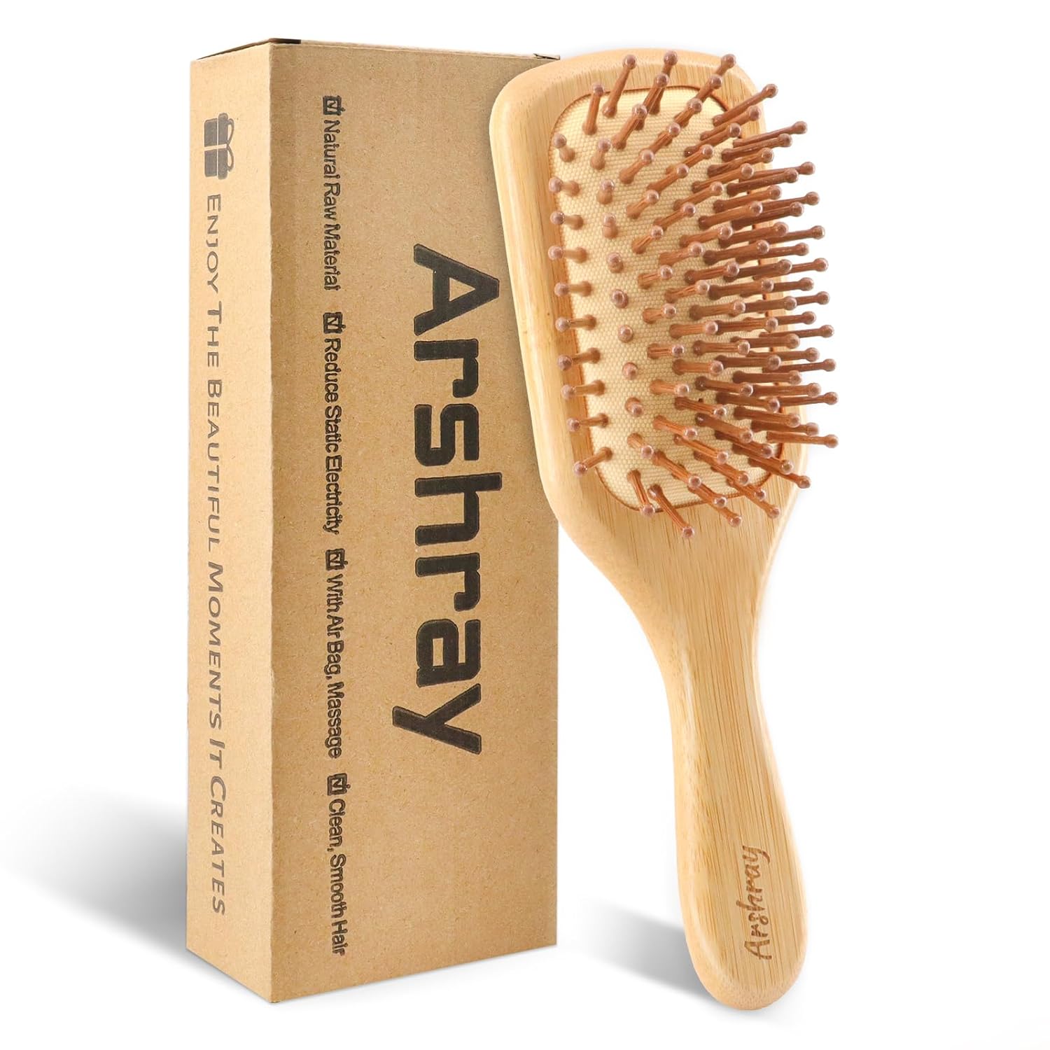 Wooden Bamboo Hair Brush with Wooden Handle and Bamboo Bristles,Reduces Static,Ideal for Dry,Curly,Thick,Thin and Straight Hair