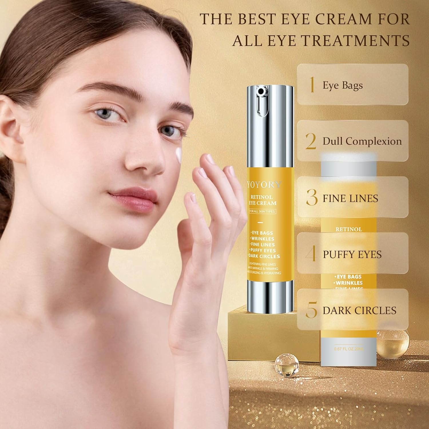 Retinol Under Eye Cream - Anti-aging Eye Cream for Eye Bags, Dark Circles, and Fade Wrinkles, Fine Lines Skin Care Treatment for Women and Men, Gold(0.67 Fl Oz) - Image 7