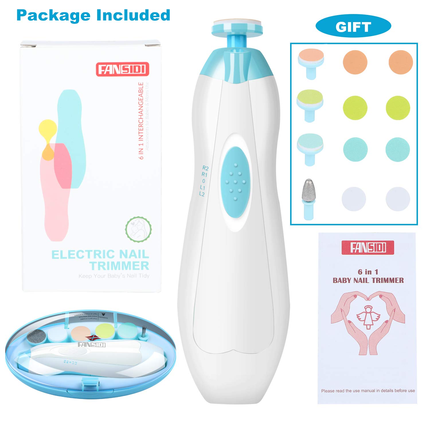 Baby Nail Clippers, FANSIDI Safe Baby Nail Trimmer Baby Nail File Electric with 10 Filing Pads 8 Sandpapers for Newborn Infant Toddler or Adult Toes Fingernails Care - AA Battery Operated (White/Blue) - Image 6
