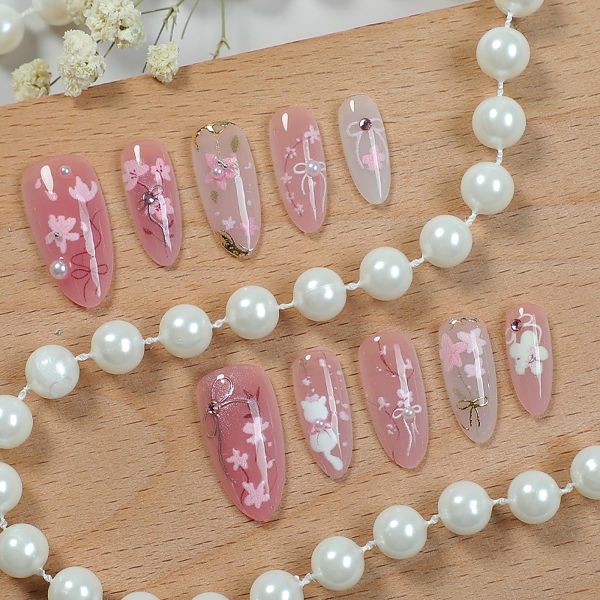 30Pcs Pink Flower Press on Nails Medium Almond Fake Nails Peach Blossom with 3D Rhinestones Pearl Gold Glitter Design Artificial Cute Cat Nails Stick on Nails Spring False Nails for Women Acrylic Nail - Image 2