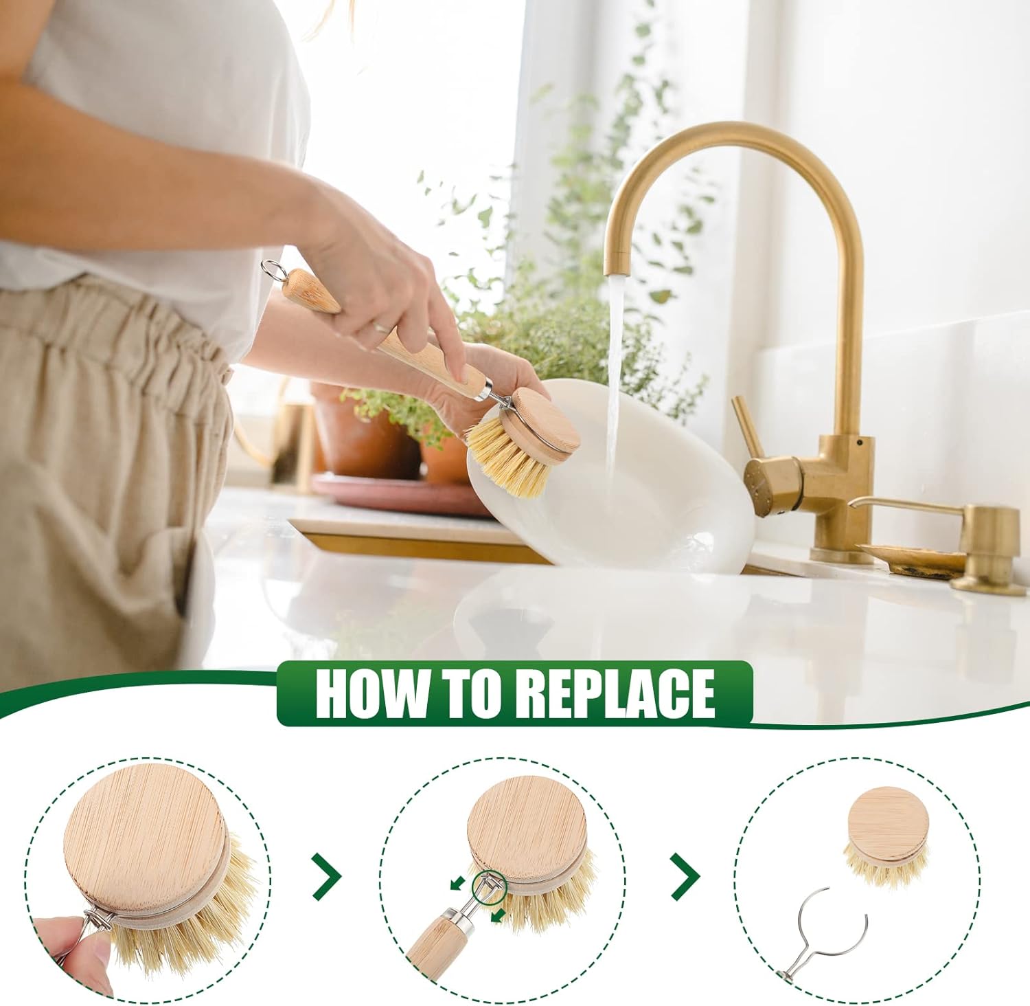 8 Pc Natural Sisal Bristle Bamboo Dish Brush Set for Pots Pans and Household Cleaning - Image 7