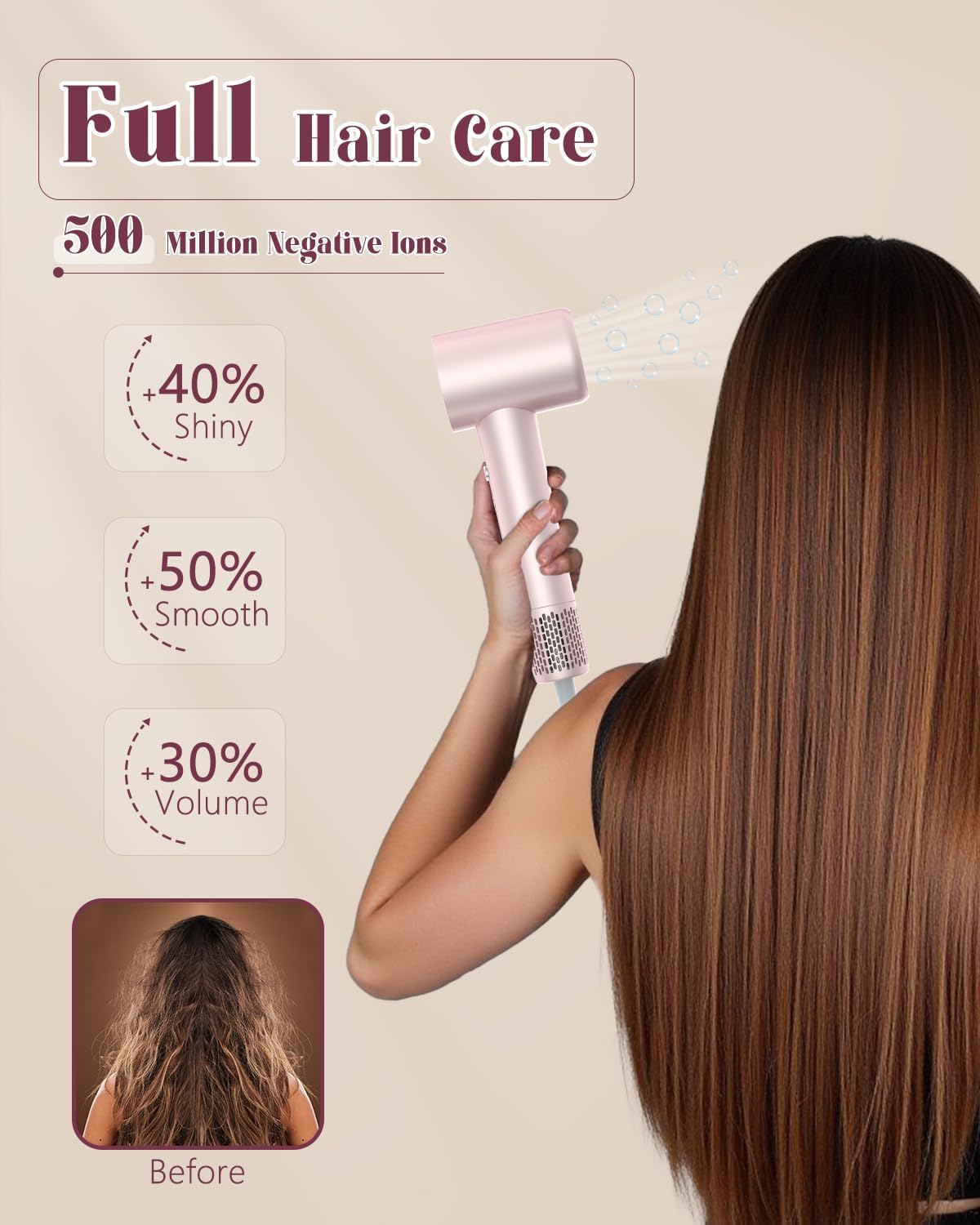 YEEGOR Hair Dryer,110000 RPM High-Speed Blow Dryer with Brushless Motor for Fast Drying, Professional Ionic Hair Dryer Hair Care for Travel|Home,Magnetic Nozzle for Women,Pink - Image 3