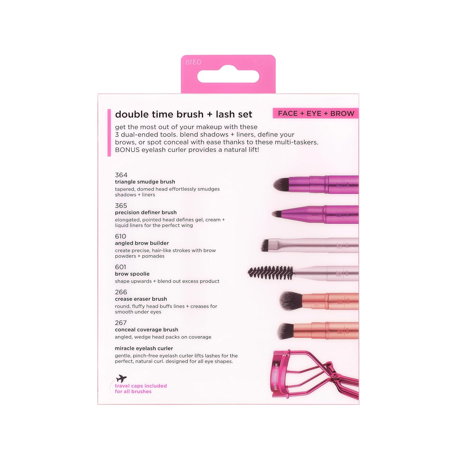 Real Techniques Double Time Brush + Lash 4 Piece Set, Dual-Ended Eye Makeup Brushes For Eyeshadow & Brows, Travel-Friendly Brush Caps For Storage, Eyelash Curler Included, Cruelty-Free - Image 13