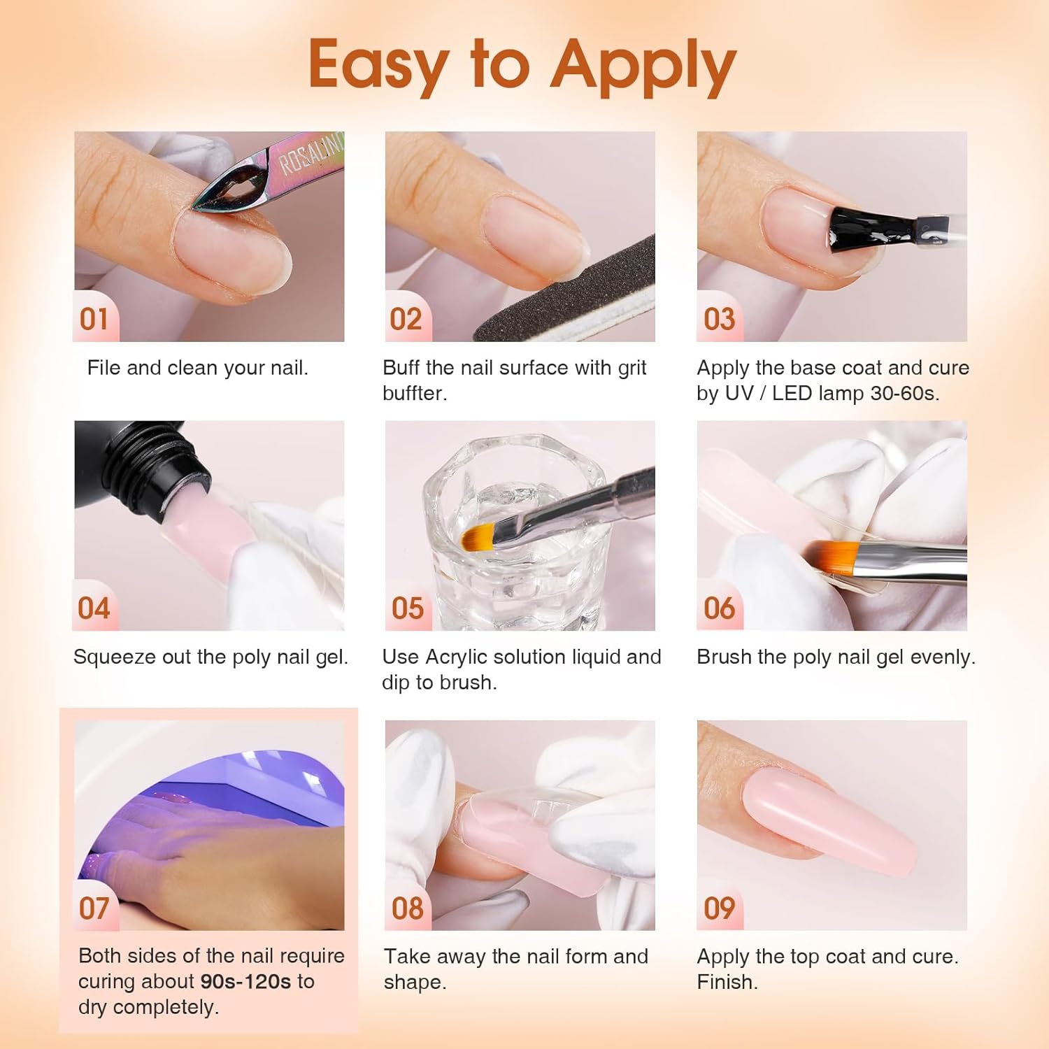ROSALIND Poly Nail Gel Kit -14 Colors +72 Nail Art Accessories kit Clear Nude Poly Nails Gel Kit Starter Kit with Mini UV Lamp Slip Solution Basic Tools for Beginners with Everything - Image 8
