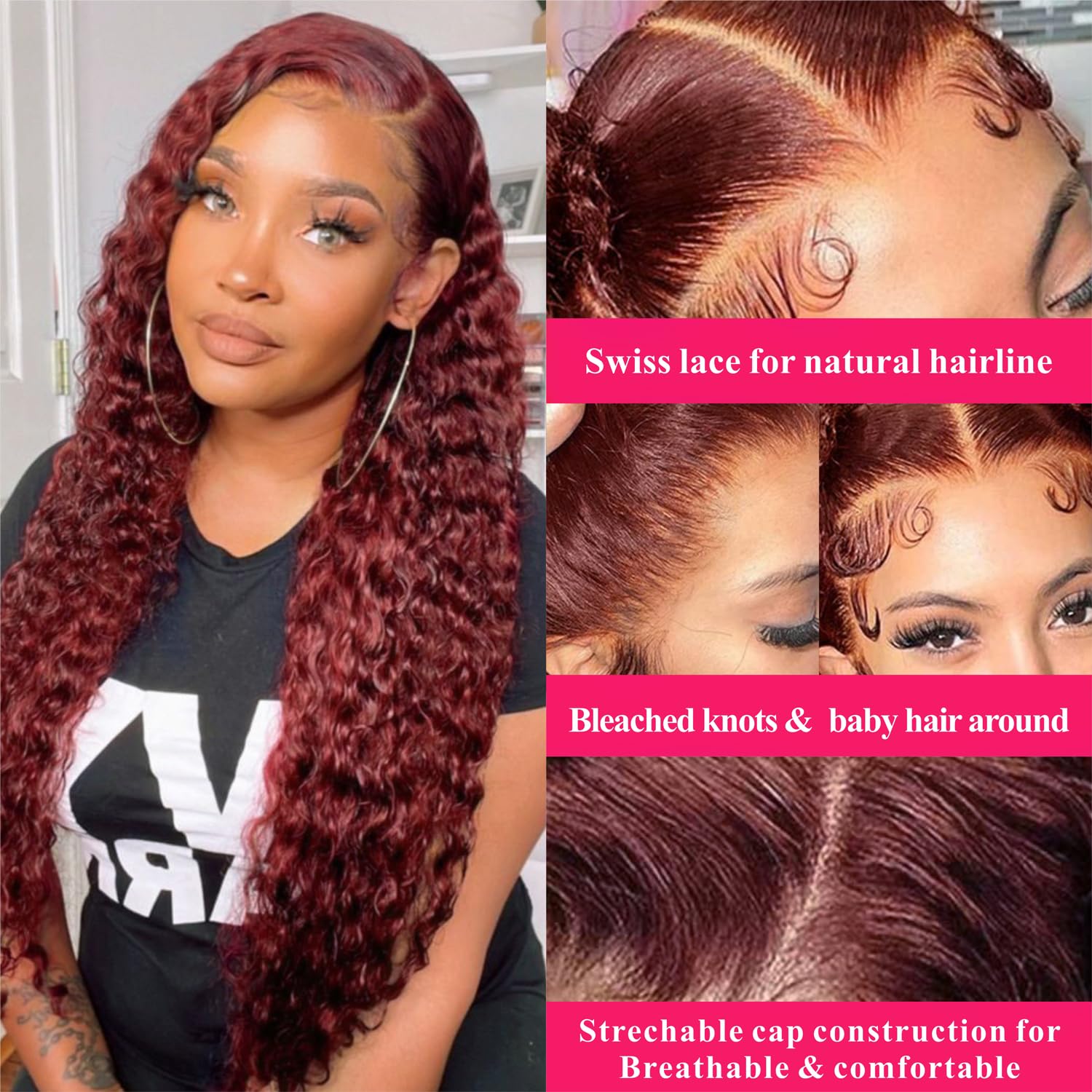 Reddish Brown Deep Wave Lace Front Wigs Human Hair 33b Color 13x4 HD Transparent Lace Frontal Wig for Women 180% Density Copper Red Glueless Curly Wig Pre Plucked 26 Inch - Image 2
