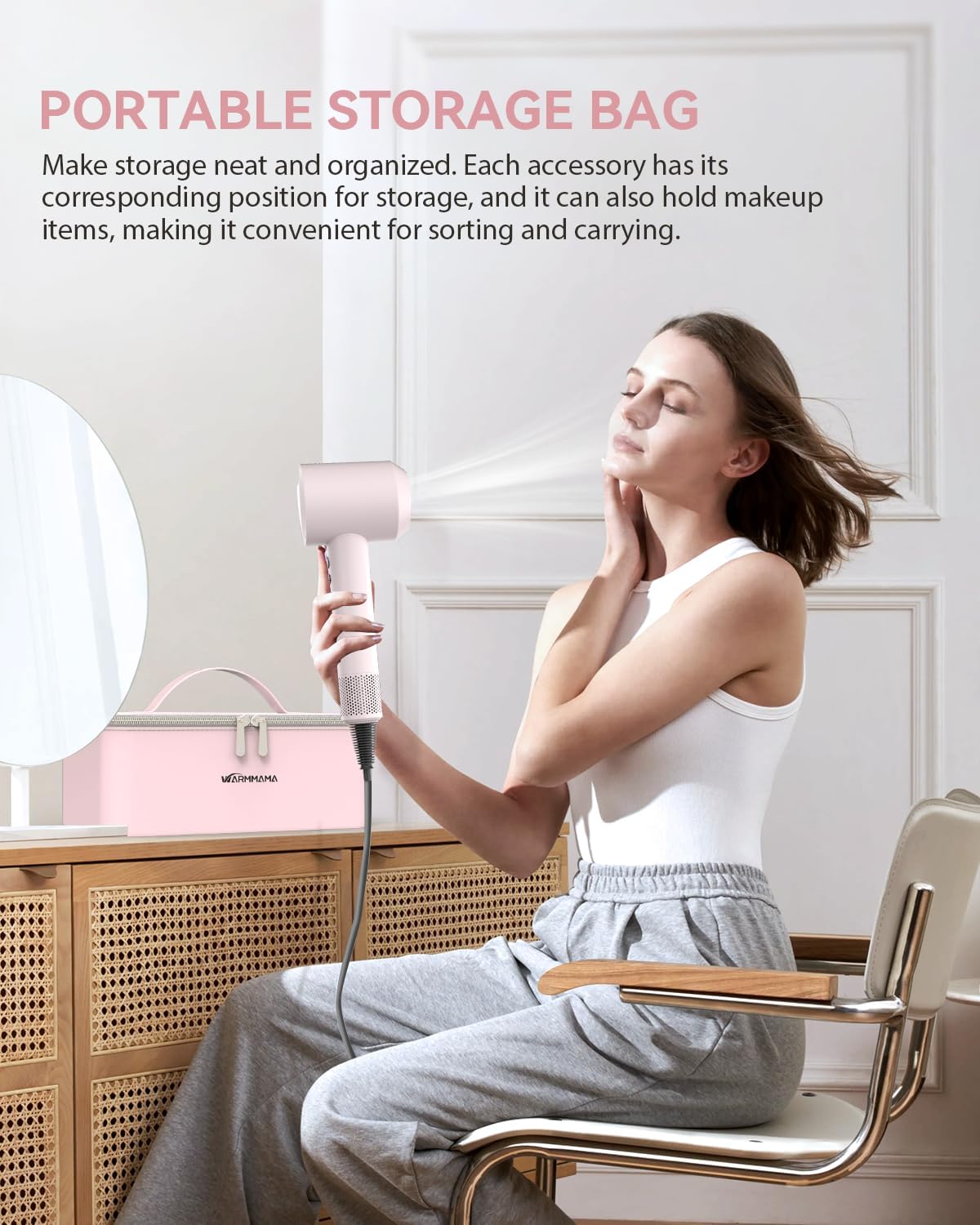 Hair Dryer for Women High Speed 1500W, warmmama Ionic Blow Dryer for Curly Hair Quiet Brushless Motor Fast Drying Thermo-Control, Travel Hair Dryers with Diffuser and Nozzle, Pink - Image 7